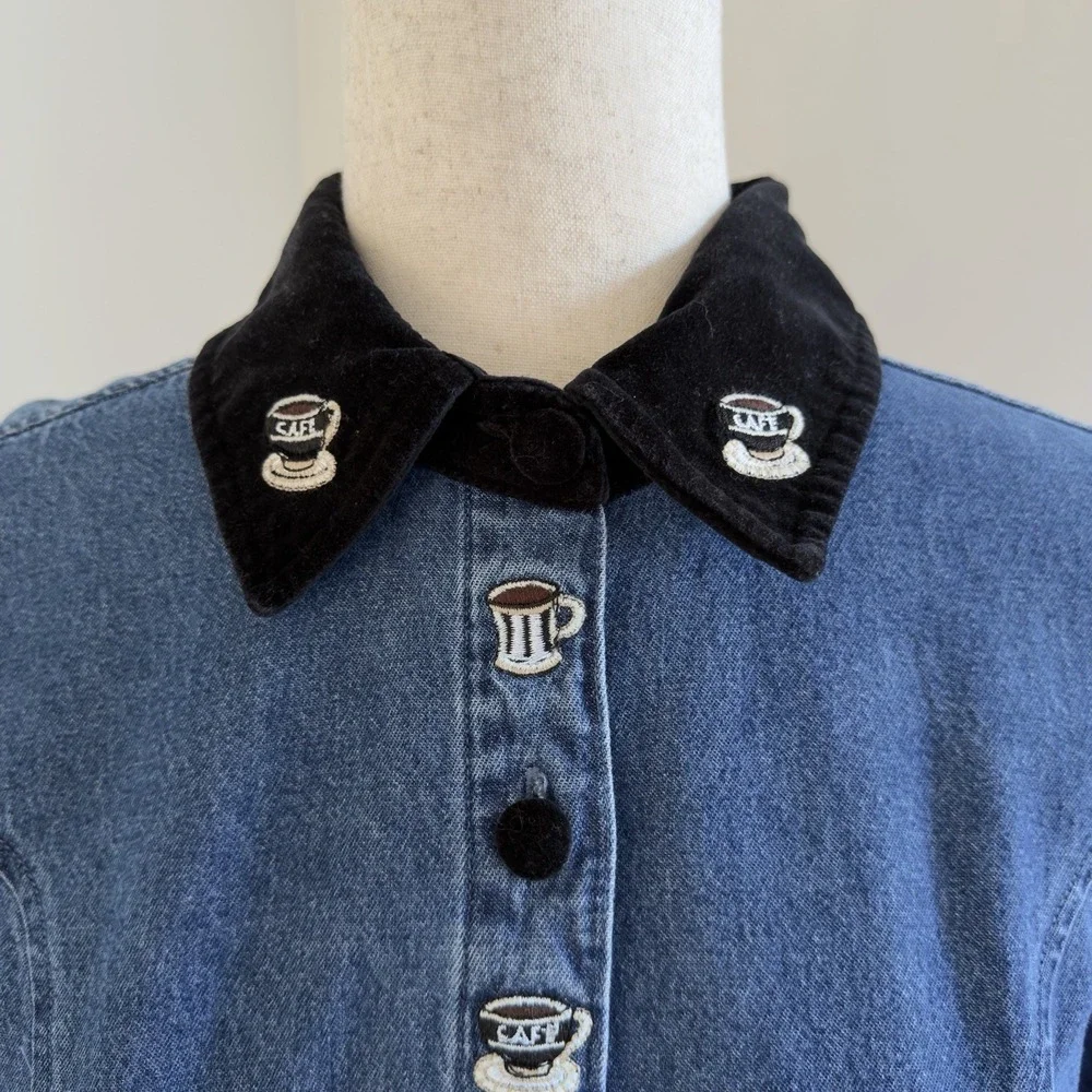 VTG Sophia Rose Denim Dress Size 8 Velvet Trim Blue Embroidered Coffee Friends